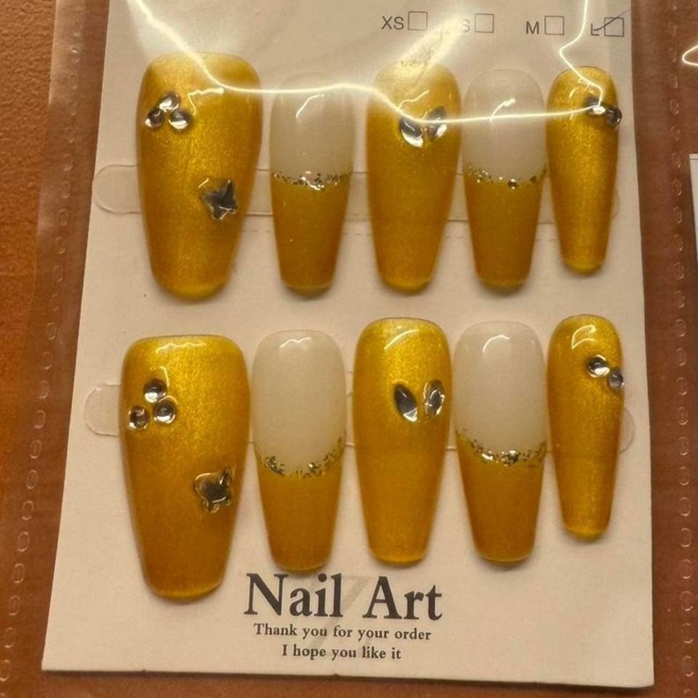 Gold Press On Nails Rhinestone Accent Manicure‎ Nail Art False Nails
